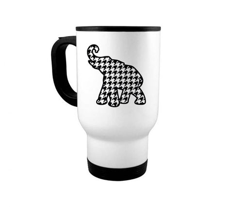 Houndstooth Elephant, Alabama Mug, Football Mug, 14oz Travel Coffee Cup, Houndstooth Mug, Gift For Him, Alabama Fan Gift, AL Coffee Mug - Chase Me Tees LLC