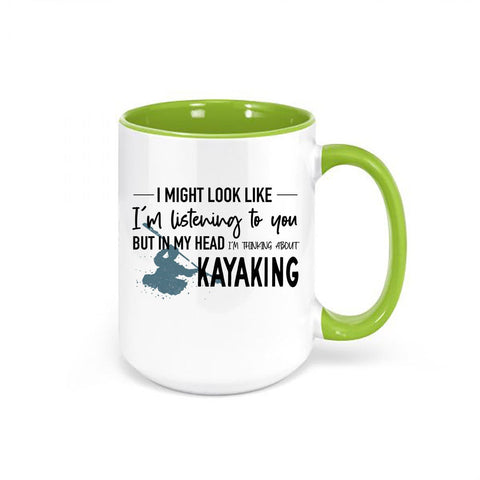 Kayaking Mug, Kayak Gift, Thinking About Kayaking, Kayak Coffee Mug, Rafting Gift, Sublimated Design, Kayaking Gift, Gift For Kayaker - Chase Me Tees LLC