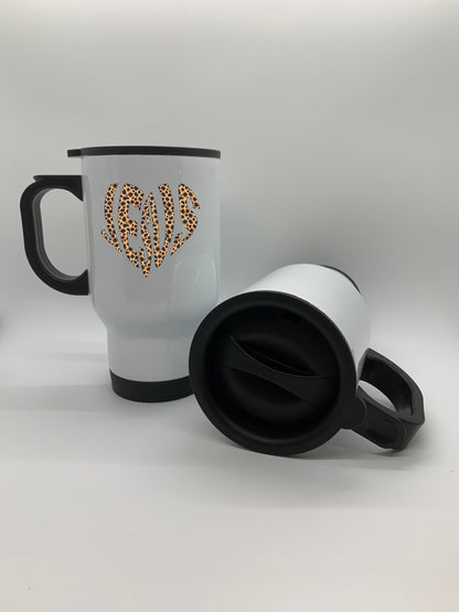 14oz Travel Mug, Leopard Print Mug, Leopard Jesus Heart, Christian Mugs, Gift For Her, Christian Gift, Leopard Coffee Cup, Jesus Cup - Chase Me Tees LLC