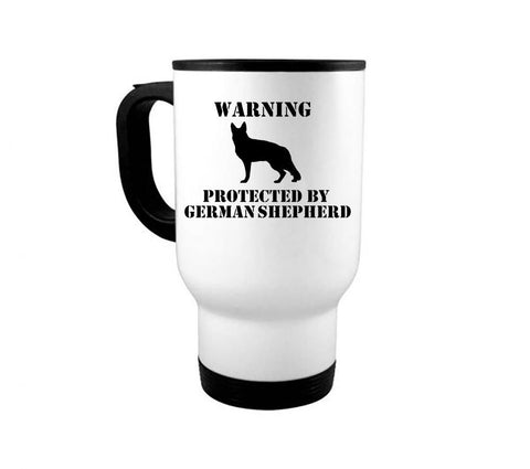 German Shepherd Mug, Warning Protected By German Shepherd, 14oz Travel Mug, K-9 Mug, German Shepherd Gift, Dog Mom, Dog Dad, Police Dog - Chase Me Tees LLC