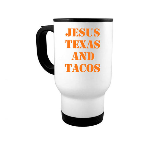 Texas Coffee Mug, Jesus Texas And Tacos, Texas Mug, Christian Mugs, 14oz Travel Mug, TX Coffee Cup, Texan Pride, Taco Gift, Taco Mug, Funny - Chase Me Tees LLC