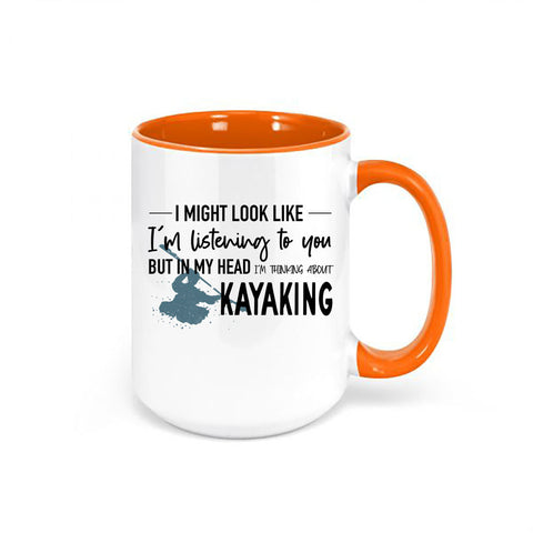 Kayaking Mug, Kayak Gift, Thinking About Kayaking, Kayak Coffee Mug, Rafting Gift, Sublimated Design, Kayaking Gift, Gift For Kayaker - Chase Me Tees LLC