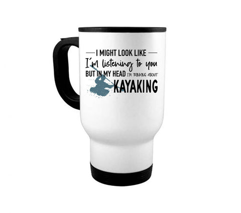 Kayaking Mug, Kayak Gift, Thinking About Kayaking, Kayak Coffee Mug, Rafting Gift, Sublimated Design, Kayaking Gift, Gift For Kayaker - Chase Me Tees LLC