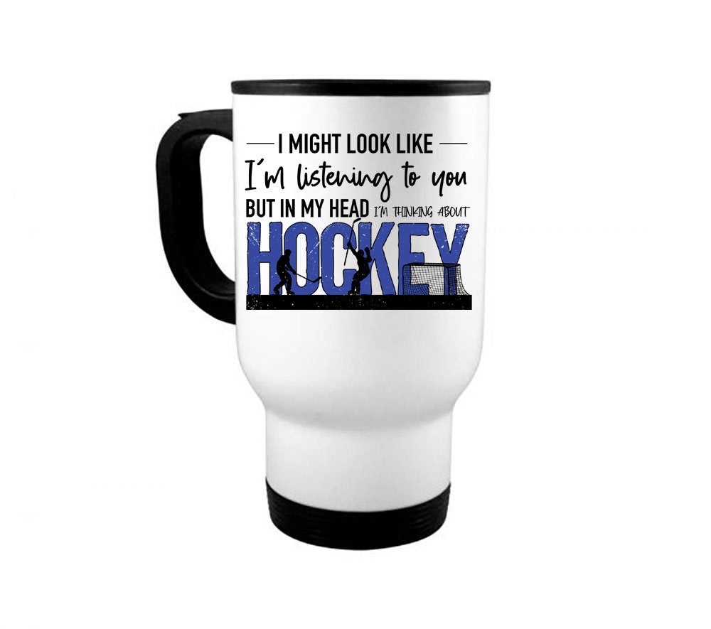 Hockey Coffee Mug, Hockey Gift, Thinking About Hockey, Ice Hockey Mug, Gift For Him, Sports Fan, Hockey Cup, Sublimated Design, Hockey Fan - Chase Me Tees LLC