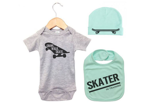 Baby Skateboard Outfit, Skateboard Bundle, Skateboard Onesie, Baby Skating Onesie, Baby Shower Gift, Skateboard Romper, Skating Onesie - Chase Me Tees LLC