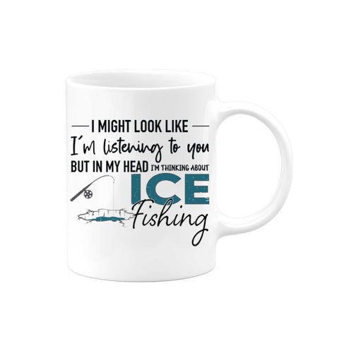 Ice Fishing Mug, Thinking About Ice Fishing, Ice Fishing Coffee Cup, Ice Fishing Gift, Walleye Mug, Northern Pike, Yellow Perch, Burbot Fish - Chase Me Tees LLC