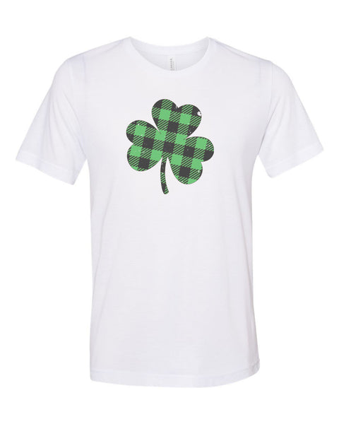 Plaid Clover, Clover Shirt, St. Patrick's Day Shirt, Distressed Clover, Green Shirt, Unisex Fit, Sublimated Design, Buffalo Plaid Clover - Chase Me Tees LLC