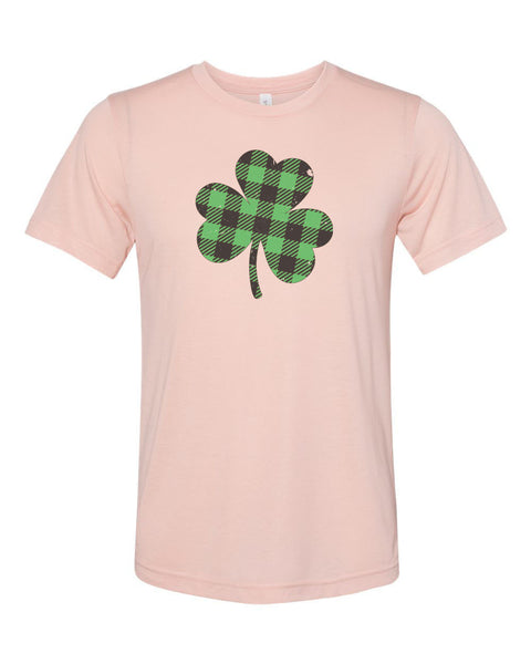 Plaid Clover, Clover Shirt, St. Patrick's Day Shirt, Distressed Clover, Green Shirt, Unisex Fit, Sublimated Design, Buffalo Plaid Clover - Chase Me Tees LLC