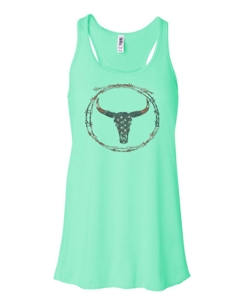 Patriotic Racerback, Barbwire Skull, Cow Skull Tank Top, Boho Tank Top, Women's Racerback, Skull Tank, Sublimated Design, 4th Of July Tank - Chase Me Tees LLC