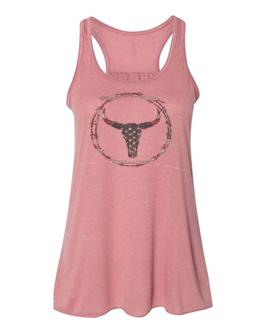 Patriotic Racerback, Barbwire Skull, Cow Skull Tank Top, Boho Tank Top, Women's Racerback, Skull Tank, Sublimated Design, 4th Of July Tank - Chase Me Tees LLC