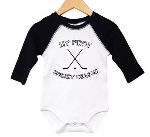 Hockey Onesie, My First Hockey Season, Baby Shower Gift, Baby Announcement, 1st Hockey Season, Hockey Bodysuit, Baby Hockey Outfit, Raglan - Chase Me Tees LLC