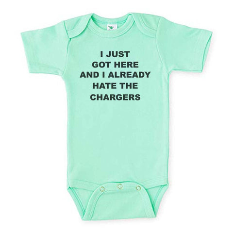 Raiders Onesie, I Just Got Here And I Already Hate The Chargers, Football Onesie, Rival Bodysuit, Raiders Football, Super Soft, Sublimated - Chase Me Tees LLC