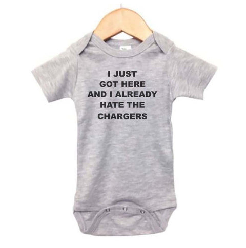 Raiders Onesie, I Just Got Here And I Already Hate The Chargers, Football Onesie, Rival Bodysuit, Raiders Football, Super Soft, Sublimated - Chase Me Tees LLC
