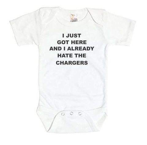 Raiders Onesie, I Just Got Here And I Already Hate The Chargers, Football Onesie, Rival Bodysuit, Raiders Football, Super Soft, Sublimated - Chase Me Tees LLC